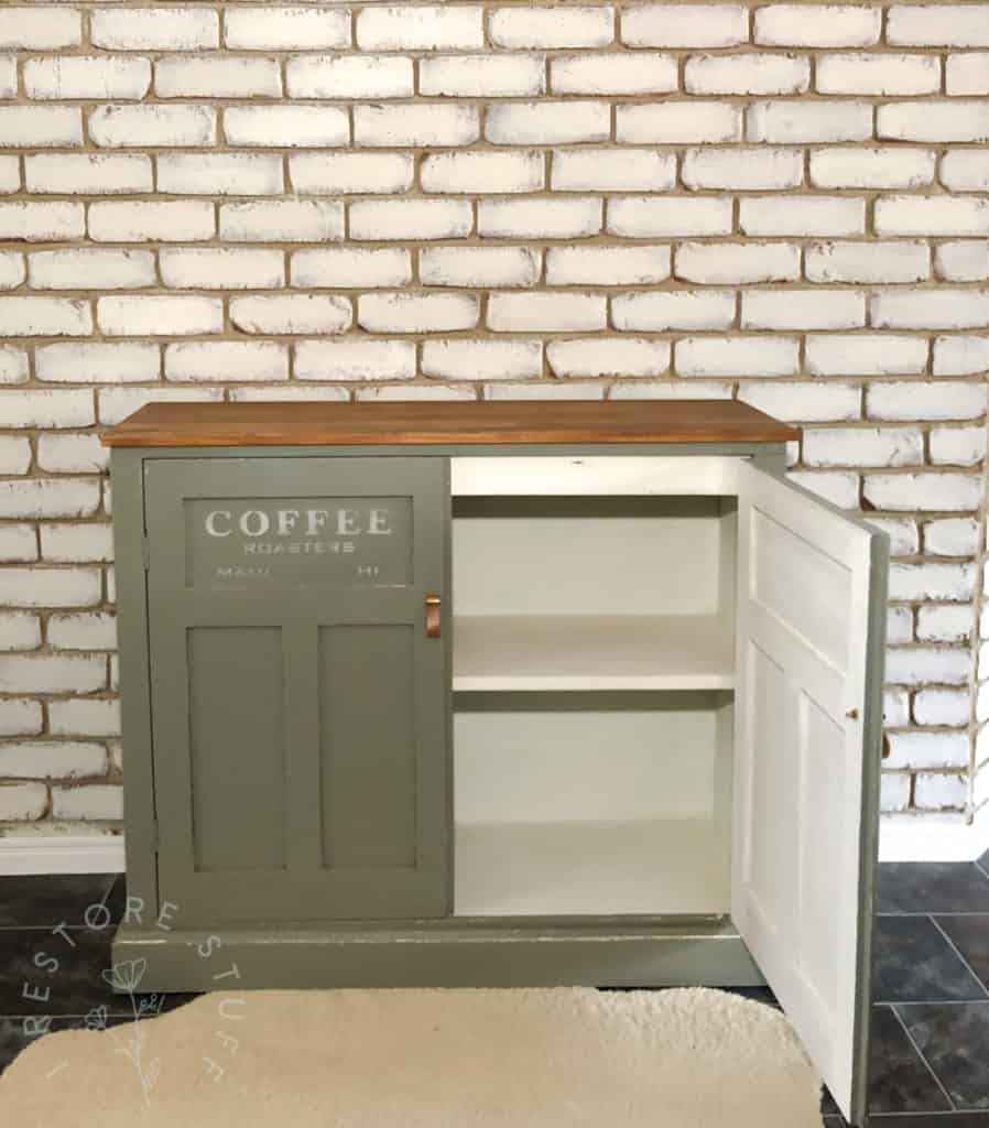 coffee station cupboard finished. one door open.