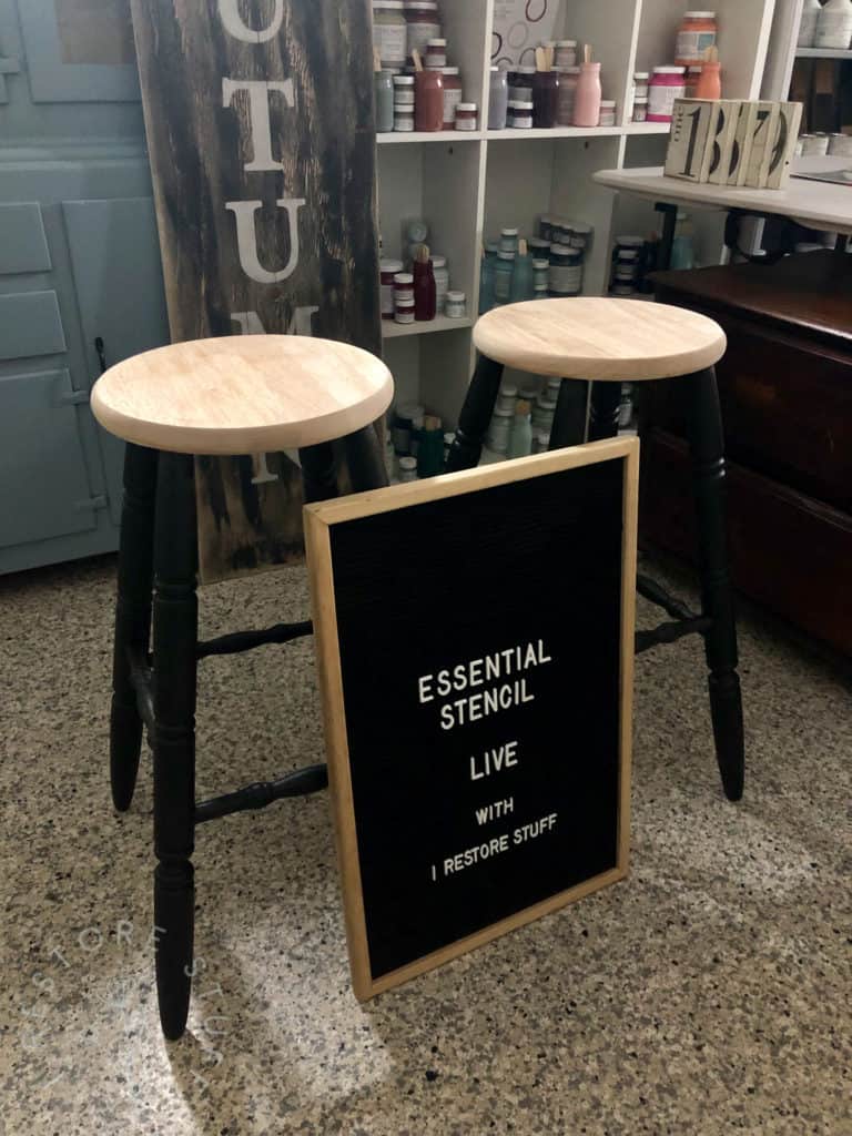 2 stools ready for stencilling the tops.