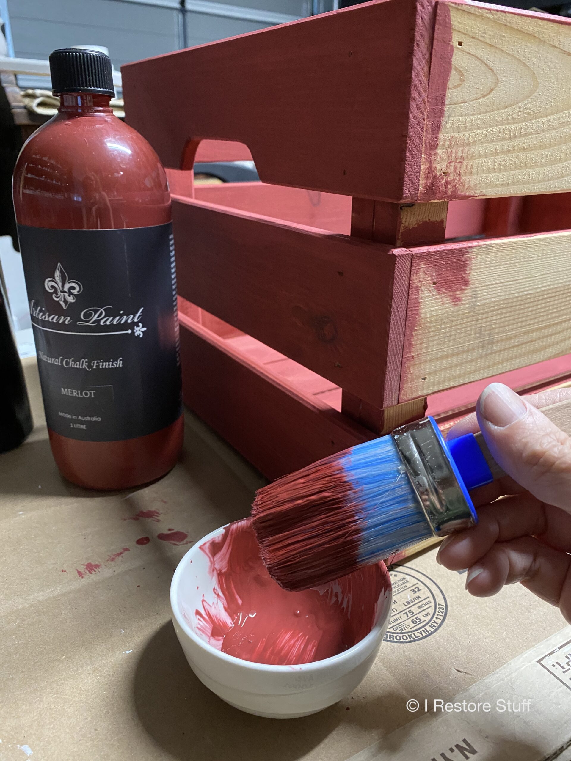 IKEA wood crate with Merlot Artisan Chalk paint finish