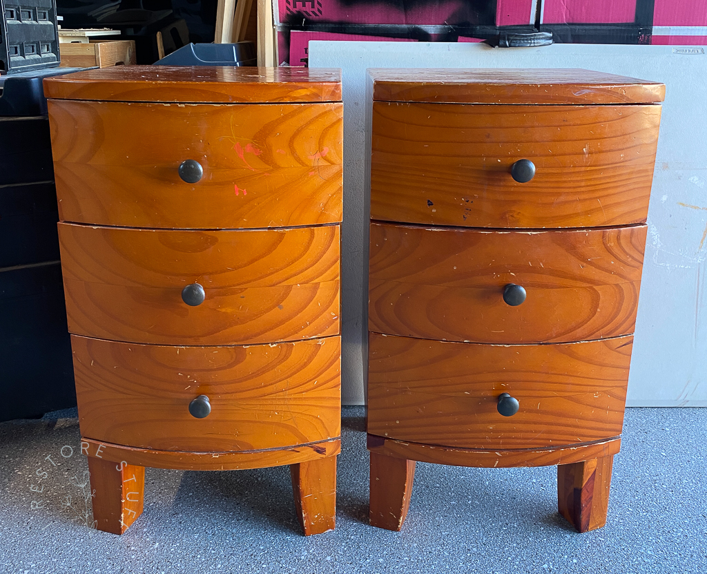 Orange Pine bedside drawers before