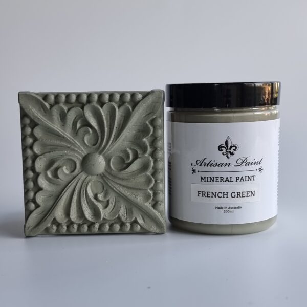 French Green Artisan mineral paint pot & sample board